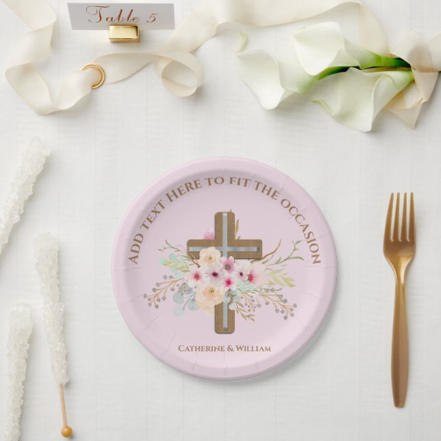 Plato De Papel Bautismo personalizado y cruz floral cristiana (Boda)