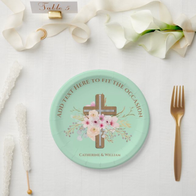 Plato De Papel Bautismo personalizado y cruz floral cristiana (Boda)