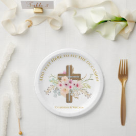 Plato De Papel Bautismo personalizado y cruz floral cristiana