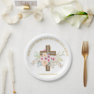 Plato De Papel Bautismo personalizado y cruz floral cristiana
