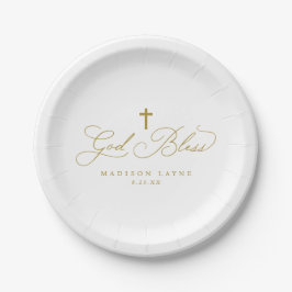 Plato De Papel Bautismo Primera Comunión Cruz Dorada Dios Bendiga