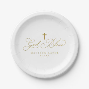 Plato De Papel Bautismo Primera Comunión Cruz Dorada Dios Bendiga