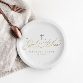 Plato De Papel Bautismo Primera Comunión Cruz Dorada Dios Bendiga