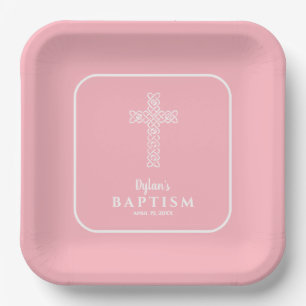 Plato De Papel Bautismo rosa cruzado moderno