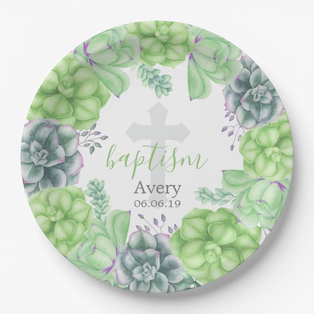 Plato De Papel Bautismo suculento de la acuarela elegante (Anverso)