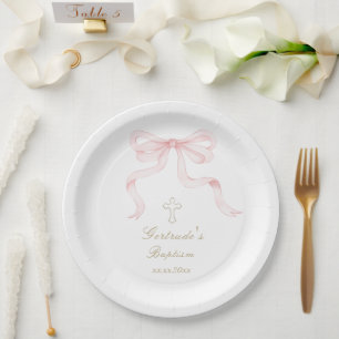 Plato De Papel Bautizo acuarela lazo rosa niña 