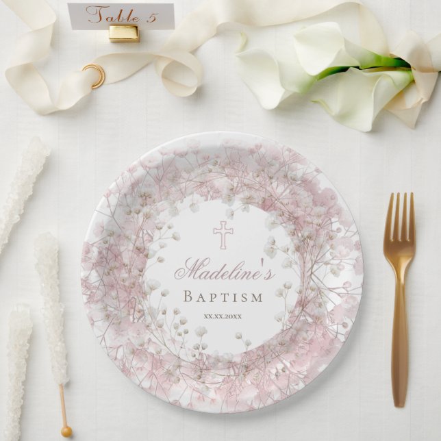 Plato De Papel Bautizo aliento de bebé rosa (Boda)