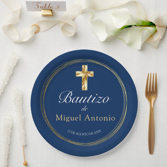 Plato De Papel Bautizo Bebé Niño Cruz de Oro y Azul (Boda)