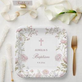 Plato De Papel Bautizo con marco floral rosado
