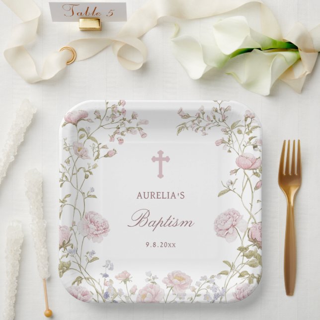 Plato De Papel Bautizo con marco floral rosado (Boda)