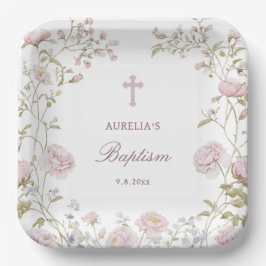 Plato De Papel Bautizo con marco floral rosado