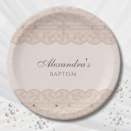 Plato De Papel Bautizo Cristiano Cruz Beige Elegante