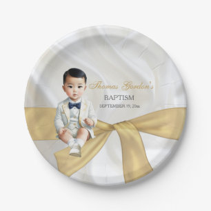 Plato De Papel Bautizo de bebé asiático varón blanco y dorado