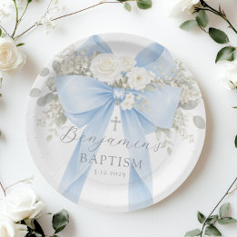 Plato De Papel Bautizo de bebé niño con lazo azul de eucalipto