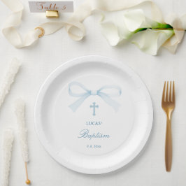 Plato De Papel Bautizo de lazo azul acuarela