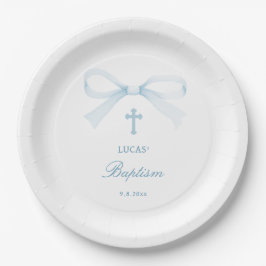 Plato De Papel Bautizo de lazo azul acuarela