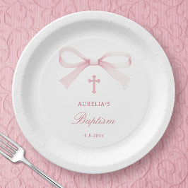 Plato De Papel Bautizo de lazo rosa acuarela