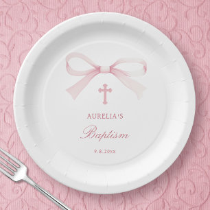 Plato De Papel Bautizo de lazo rosa acuarela