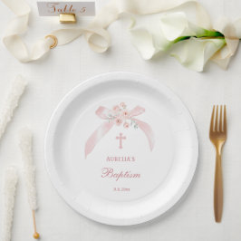 Plato De Papel Bautizo de lazo rosa floral