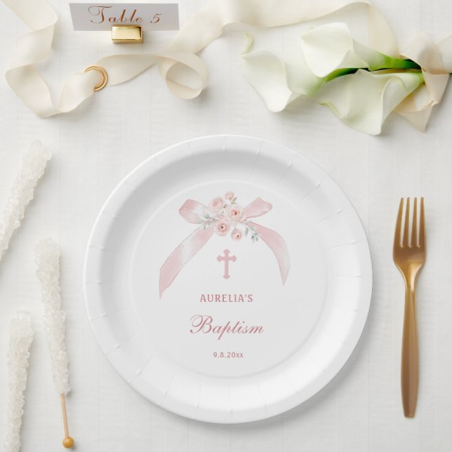 Plato De Papel Bautizo de lazo rosa floral (Boda)