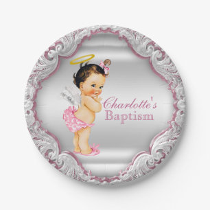 Plato De Papel Bautizo de niña ángel rosa