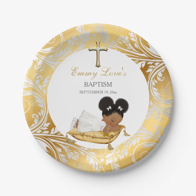 Plato De Papel Bautizo de niña étnica oro plata (Anverso)