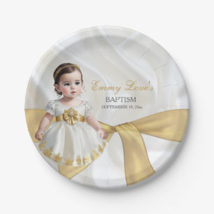 Plato De Papel Bautizo de niña vestido blanco y dorado