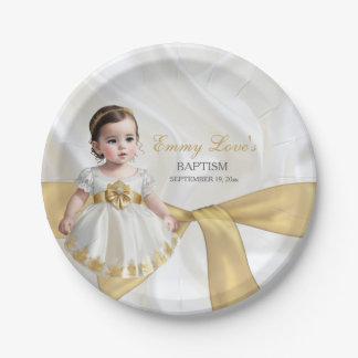 Plato De Papel Bautizo de niña vestido blanco y dorado