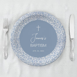 Plato De Papel Bautizo de Niño Azul Blanco Patrón Floral Bautizo