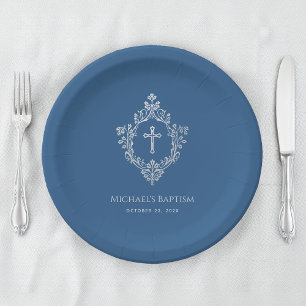 Plato De Papel Bautizo de Niño Azul Clásico con Falso Cima de Pla