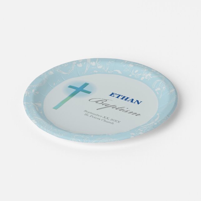 Plato De Papel Bautizo de Niño con Encaje Azul (Angular)