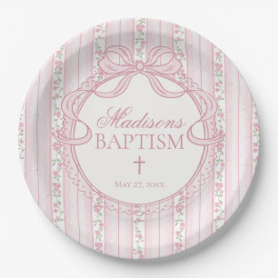 Plato De Papel Bautizo Floral Antiguo Elegante Rosa