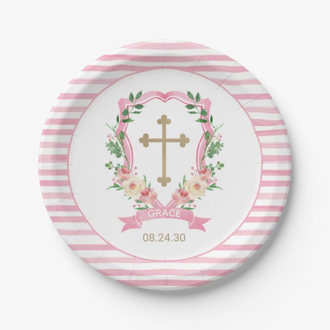 Plato De Papel Bautizo Floral Rosa (Anverso)