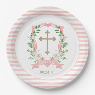Plato De Papel Bautizo Floral Rosado