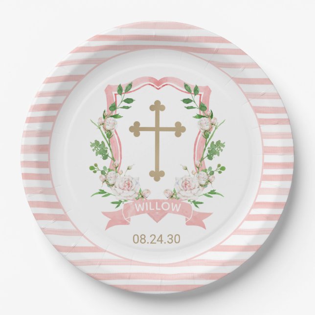 Plato De Papel Bautizo Floral Rosado (Anverso)