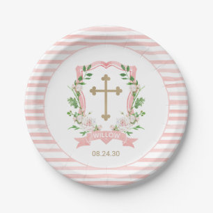 Plato De Papel Bautizo Floral Rosado