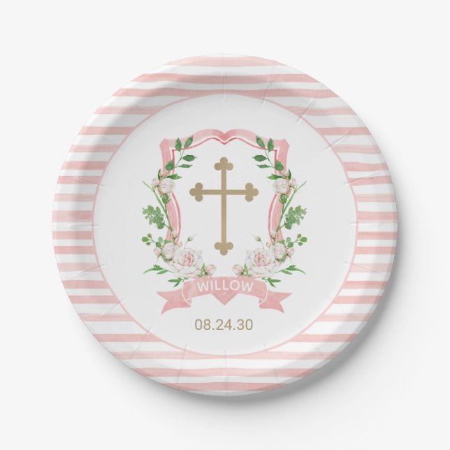 Plato De Papel Bautizo Floral Rosado (Anverso)