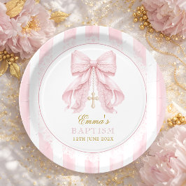 Plato De Papel Bautizo Lazo Rosa Bebé Niña
