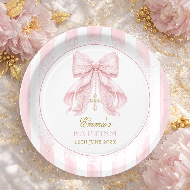 Plato De Papel Bautizo Lazo Rosa Bebé Niña (Subido por el creador)