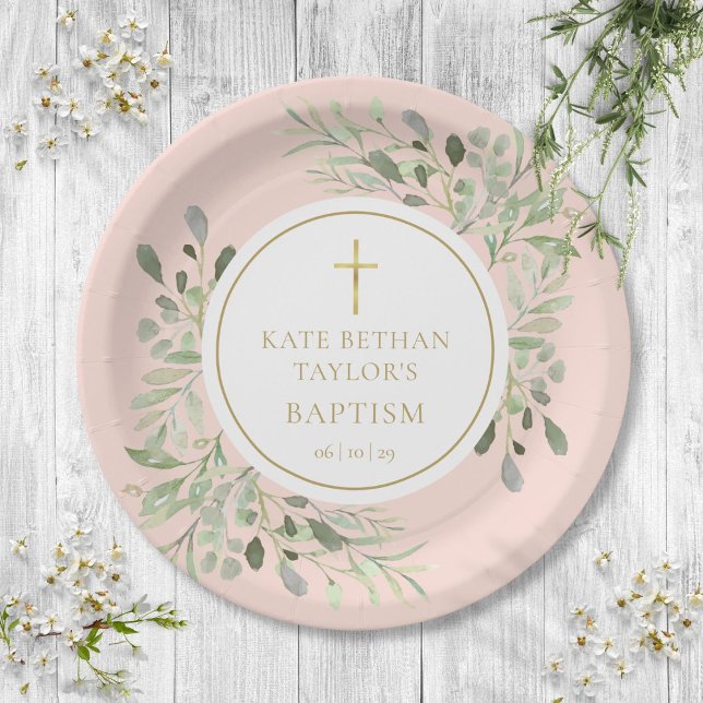 Plato De Papel Bautizo Verde Vegetal Rosa Rubor (Blush Pink Greenery Baptism Christening Paper Plates)