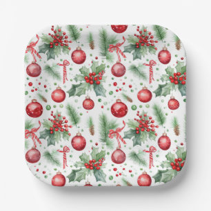Plato De Papel Bayas de Acebo Pino Navidad Bolas Rojas