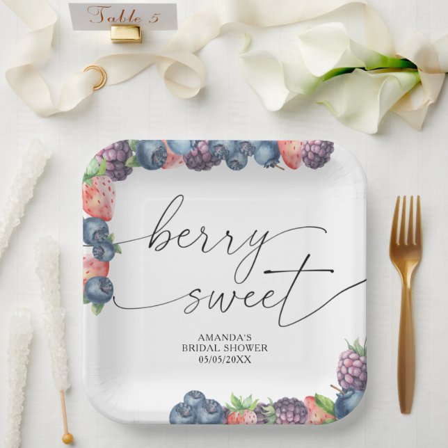 Plato De Papel Bayas de acuarela - texto de bayas dulces (Boda)