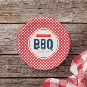 Plato De Papel BBQ de Verano Rojo Gingham y Azul