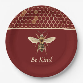 Plato De Papel Be Kind Bee and Honeycomb sobre Borgoña