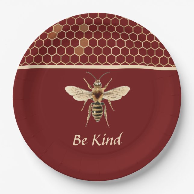 Plato De Papel Be Kind Bee and Honeycomb sobre Borgoña (Anverso)