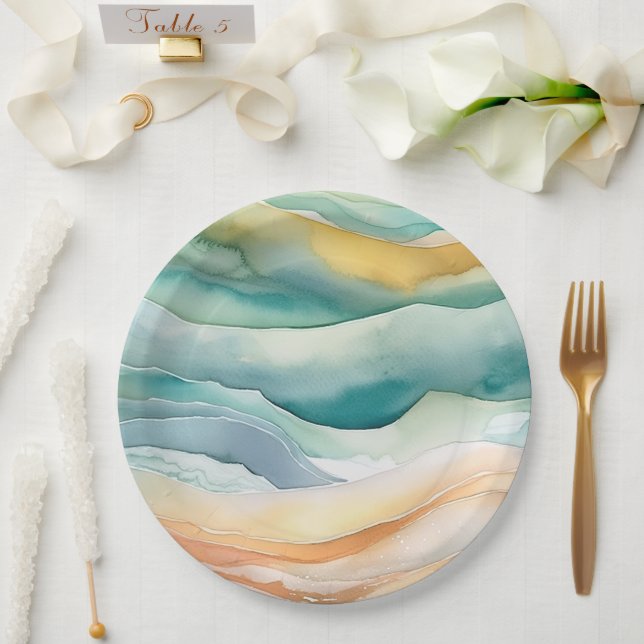 Plato De Papel Beach Aqua Green Ocean Cream Sand Boda (Boda)