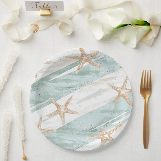 Plato De Papel Beach Aqua Mint Starfish Stripes Boda (Boda)