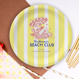 Plato De Papel Beach Club Yellow Cabana Stripe Fiesta de cumpleañ
