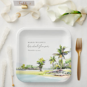 Plato De Papel Beach Coastal Palm Trees Watercolour Bridal Shower