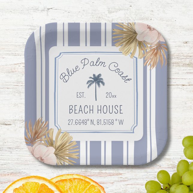 Plato De Papel Beach House Blue Stripes Coastal Boho Farmhouse (In situ)